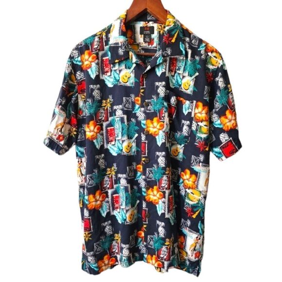 Aloha Shirt Mens Large Multicolor Tiki Hula Girl Ukuleles Short Sleeve Button Up - Picture 1 of 8